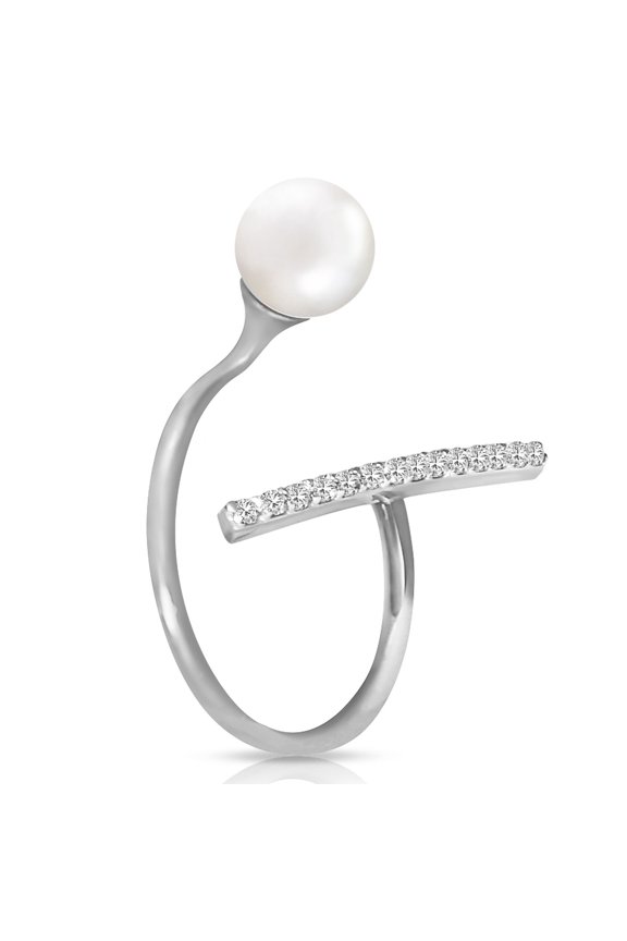 Size 8.0 14K Solid White Gold Ring with Genuine Diamonds and Natural Pearl