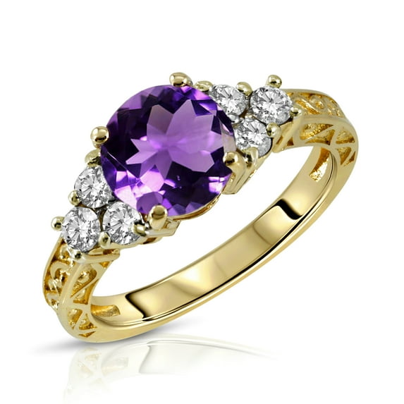 Galaxy Gold Size 8.0 14K Solid Yellow Gold Ring with Natural Diamonds & Round Shape Natural Purple Amethyst