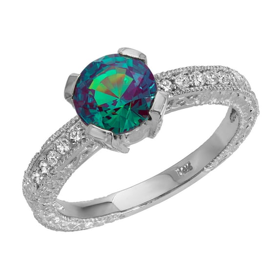 Galaxy Gold Size 9.0 14K Solid White Gold Ring with Natural Diamonds & Round Shape Lab. Grown Alexandrite Grade AAA