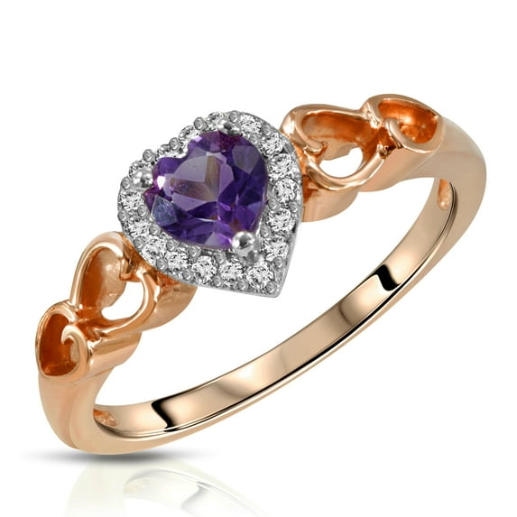 Galaxy Gold Size 9.5 14K Solid Rose Gold Ring with Natural Diamonds & Heart Natural Purple Amethyst Grade AAA