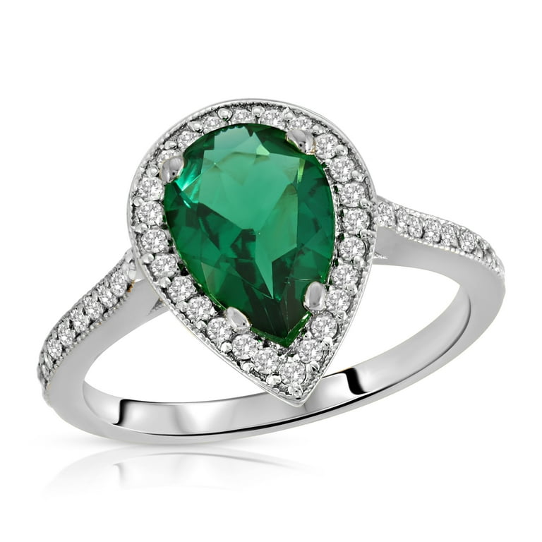 14k White Gold Pear Genuine Emerald And Diamond Halo Ring 14k White Gold Pear Genuine Emerald And Diamond Halo Ring