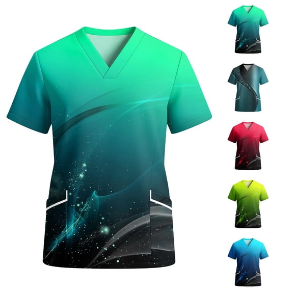 Galaxy Gradient Print Scrub Top for Women, V-Neck Short Sleeve Medical Uniform - Breathable Soft Work Shirt with Pockets Green XXL