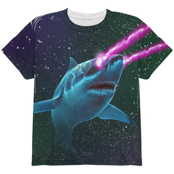 Galaxy Great White Shark Laser Beams All Over Youth T Shirt Multi YXL