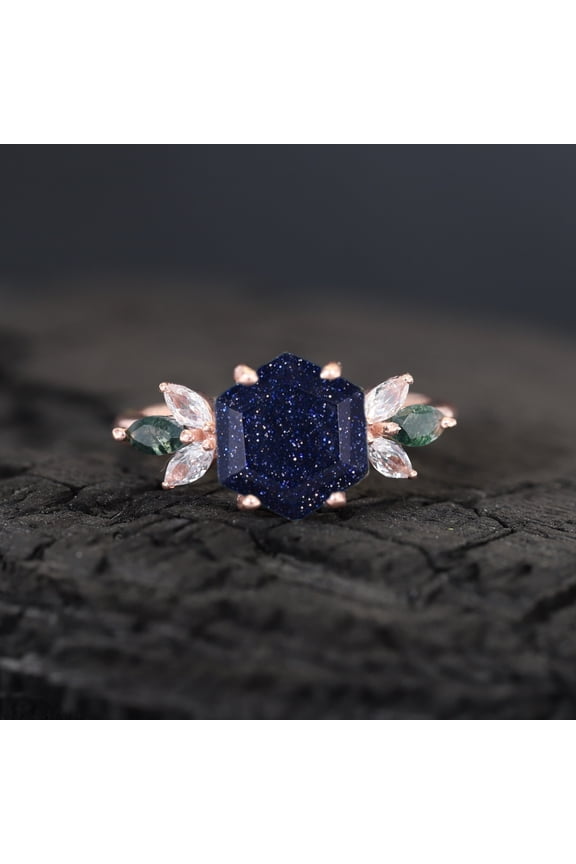 Galaxy Hexagon Cut Blue Sandstone Engagement Ring Moss Agate Moissanite Six Stone Ring Vintage Cluster Ring Women Gold Jewelry Birthday Gift