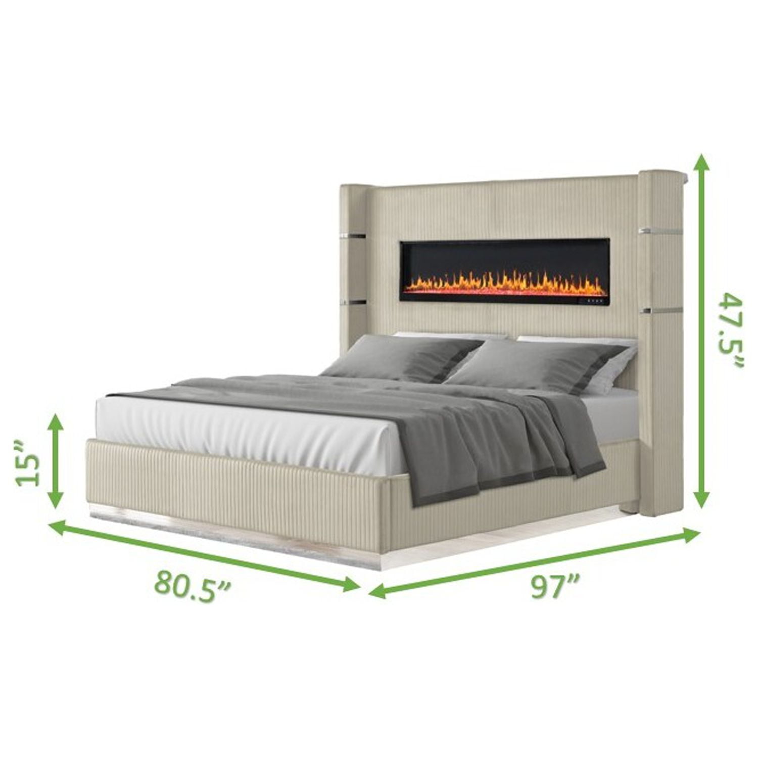 Elegant Beige Velvet King Bed with Ambient Fireplace Display