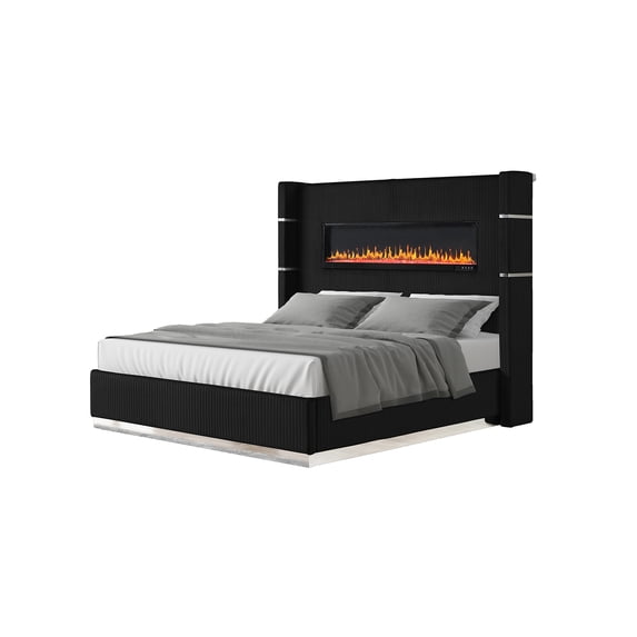 Lizelle Upholstery Wooden Queen Bed with Ambient lighting in Black Velvet Finish