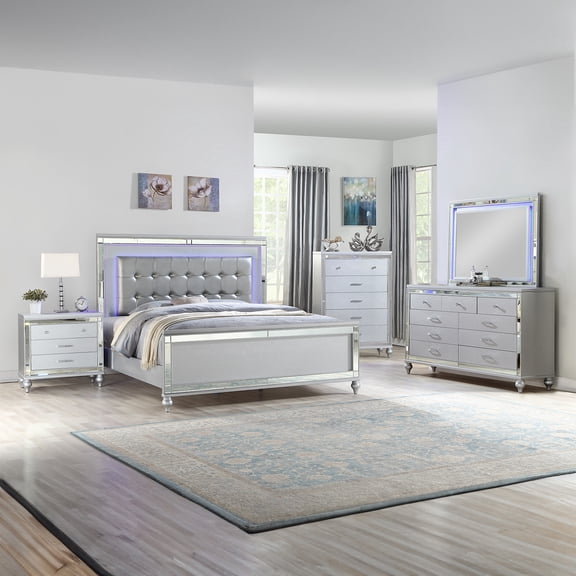 Sterling King 5 PC LED Bedroom set made with wood in Silver Color