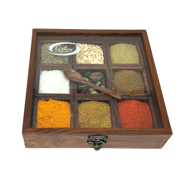 Galaxy Indiacraft Wooden Spice Boxes HUB | Utility Spice, Masala Dani Rack | Dry Fruit Box Set with Spoon (ROSWOOD 9 Removable Part)