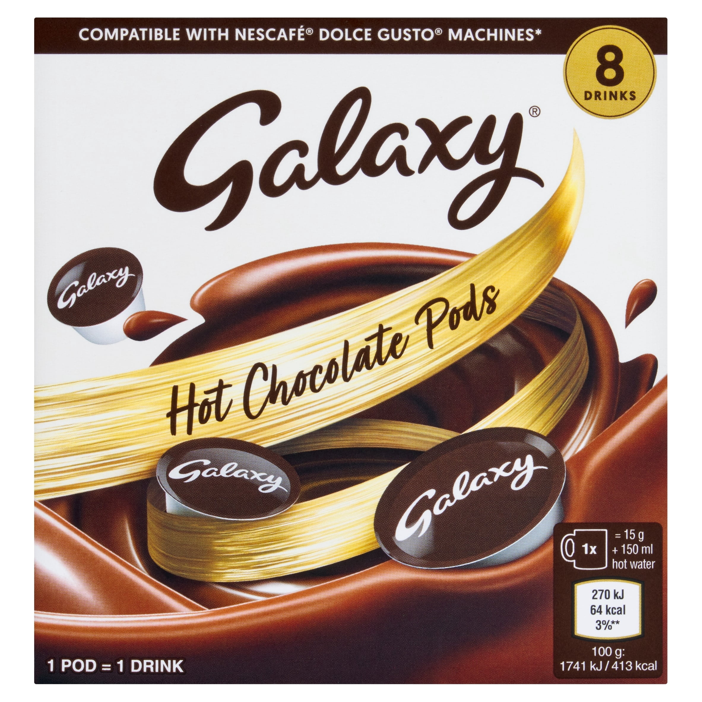 Galaxy Instant Hot Chocolate Nescafe Dolce Gusto Compatible Drink Pods 8 Pack 120g, Imported from Britain