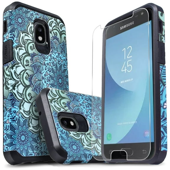 Galaxy J3 2018,Galaxy J3 Star,Galaxy J3 Achieve,Express Prime 3,Amp Prime 3, J3 v 2018 3rd Gen Case, With [HD Protector], Dual Layers Impact Advanced Rugged Protective Phone Cover-Green Flower