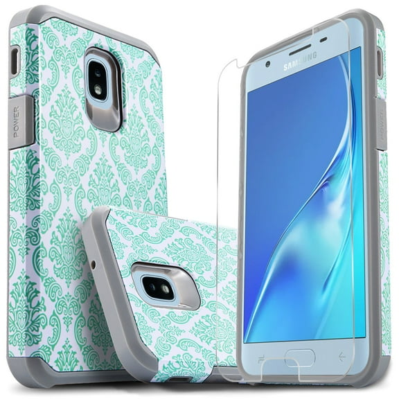 Galaxy J3 2018,Galaxy J3 Star,Galaxy J3 Achieve,Express Prime 3,Amp Prime 3, J3 v 2018 3rd Gen Case, With [HD Protector], Dual Layers Impact Advanced Rugged Protective Phone Cover-Teal Lace