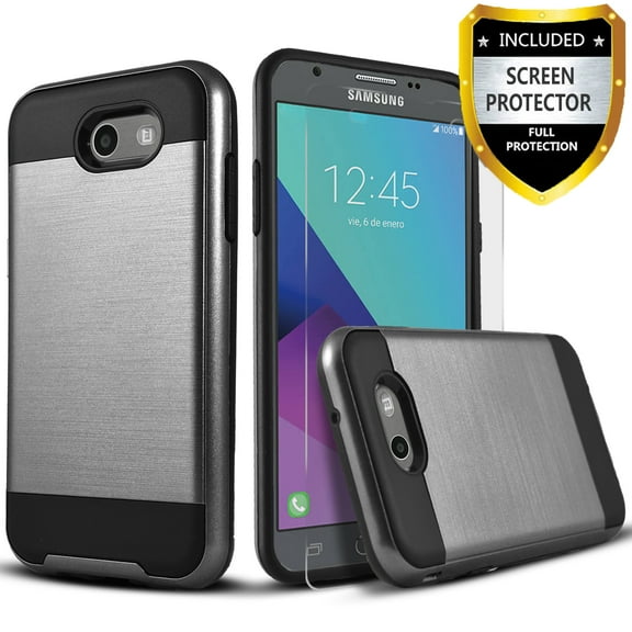 Galaxy J7 V Case, Galaxy J7 Perx Case, Galaxy J7 Sky Pro Case, 2-Piece Style Hybrid Shockproof Hard Case Cover with [Premium Screen Protector] Hybird Shockproof And Circlemalls Stylus Pen (Black)