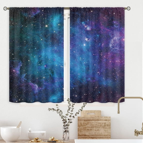 Galaxy Kitchen Curtains Out Space Wall Art Rod Pocket 27.5W x 39L Inch Blue Nebula Universe Room Decor Starry Star Fantasy Night Sky Printed Kids Boys Bedroom Dining Room Window Drapes 2 Panel