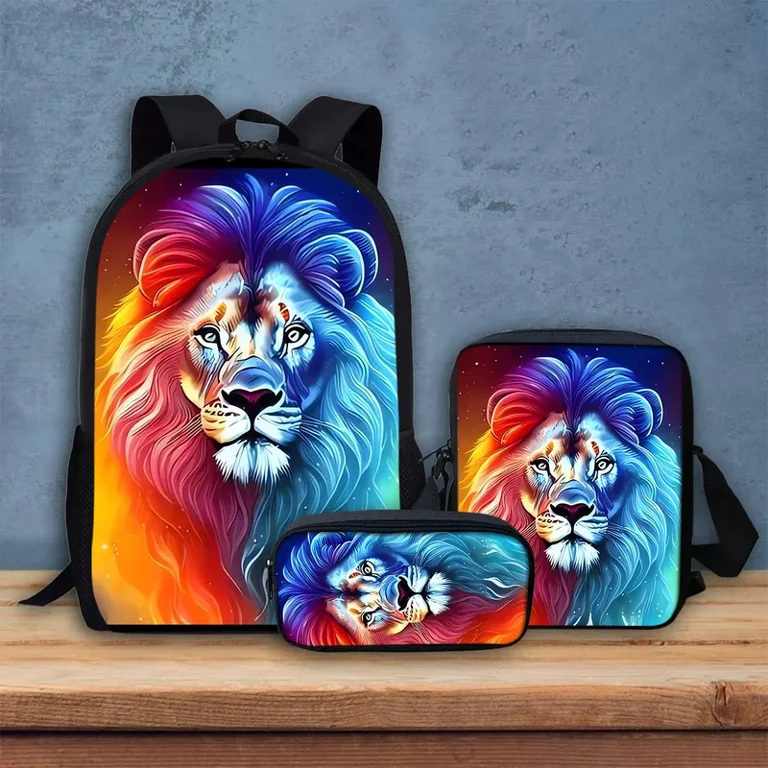 Galaxy Lion School Bag 3pcs Elementary Student Backpack Set Bookbag with Lunch Bags and Pencil Case for Kids Girls Boys Teens