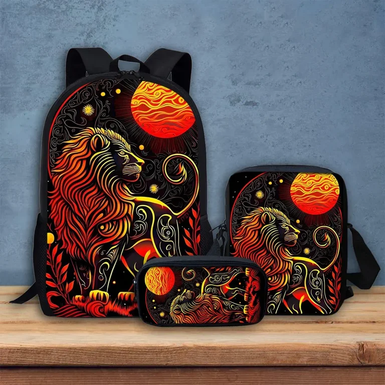 Galaxy Lion School Bag 3pcs Elementary Student Backpack Set Bookbag with Lunch Bags and Pencil Case for Kids Girls Boys Teens