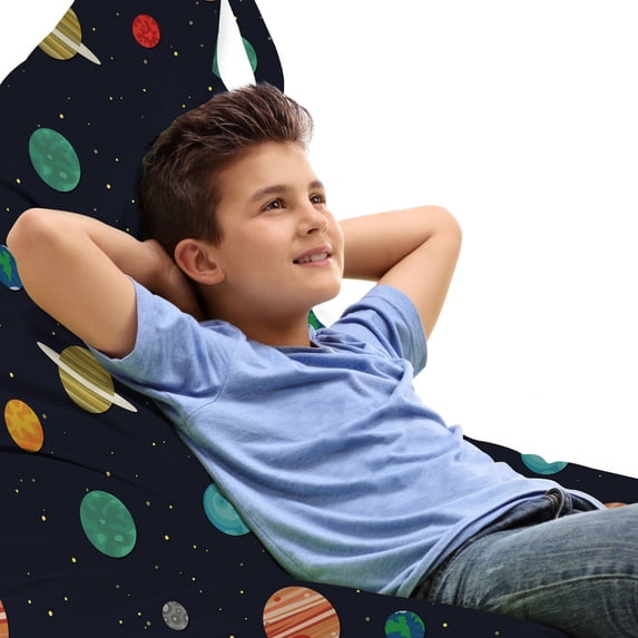 Galaxy Lounger Chair Bag, Simplistic Cartoon Design of Various Planets and Dot Shape Stars, High Capacity Storage with Handle Container, Lounger Size, Multicolor, by Ambesonne