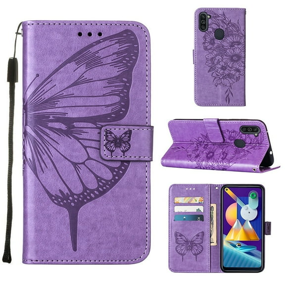 Galaxy M11 Case,Galaxy A01 Wallet Case, Embossed Butterfly PU Leather Credit Card Holder Slots Protection Kickstand Flip Folio Shockproof TPU Phone Cover for Samsung Galaxy A01/M11,Light Purple