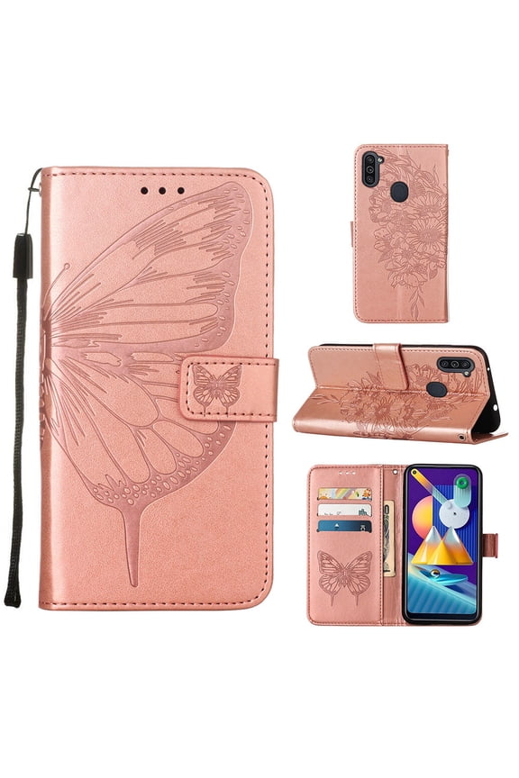 Galaxy M11 Case,Galaxy A01 Wallet Case, Embossed Butterfly PU Leather Credit Card Holder Slots Protection Kickstand Flip Folio Shockproof TPU Phone Cover for Samsung Galaxy A01/M11,Rosegold