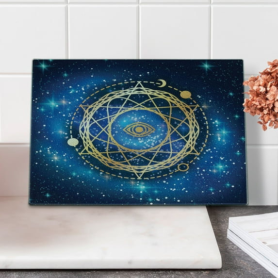 Galaxy Mandala Cutting Board, Geometry Emblem on Bokeh Style Background, Decorative Tempered Glass Cutting and Serving Board, Small Size, Pale Coffee Cobalt Blue, by Ambesonne
