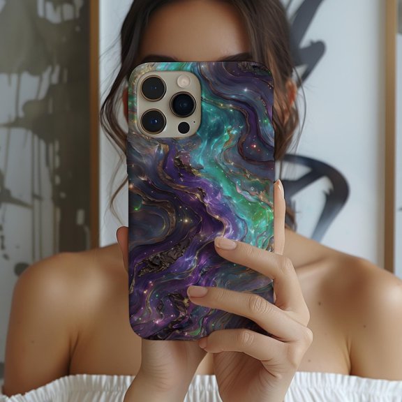 Galaxy Marble Swirl Cosmic Abstract Art Tough Phone Case, Dual-Layer Protective Cover for iPhone