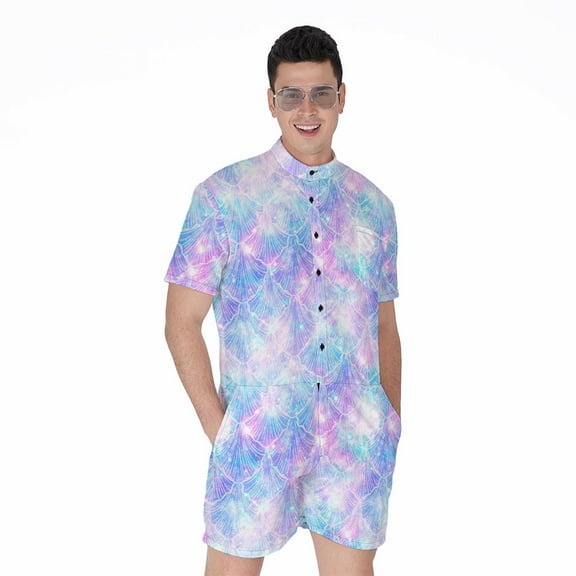 Galaxy Mermaid Scales Pattern Short Sleeve Men'S Rompers Casual Summer Jumpsuits Outfit