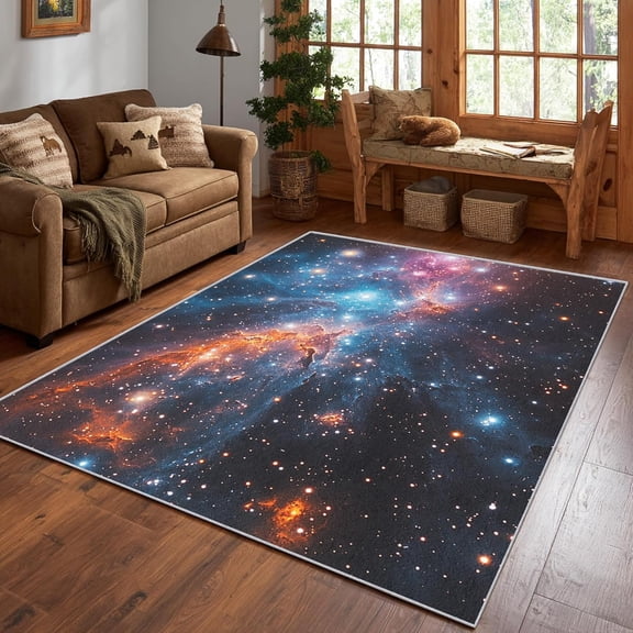 Galaxy Nebula Space Area Rug, Starry Sky Cosmic Pattern Carpet, Washable Non Slip Low Pile Soft Thin, Living Room Bedroom Study Office Entrance Home Decor Mat 5x8ft