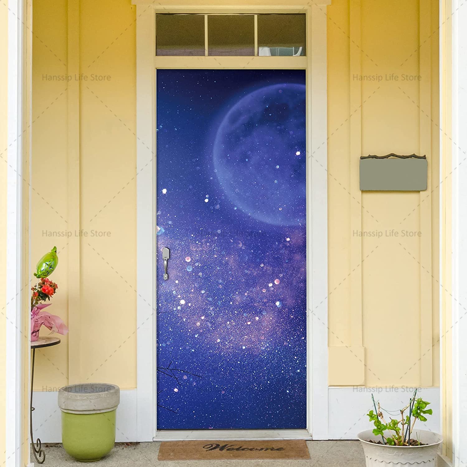 Galaxy Night Sky Pattern Door Sticker Home Decoration Stars Rays PVC ...
