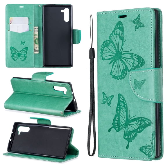 Galaxy Note 10 Cases Covers Wallet, Allytech Slim Fit Protective PU Leather Butterfly Embossed Kickstand Lightweight Shockproof Cards Slots Wallet Cover Case for Samsung Galaxy Note 10, Green