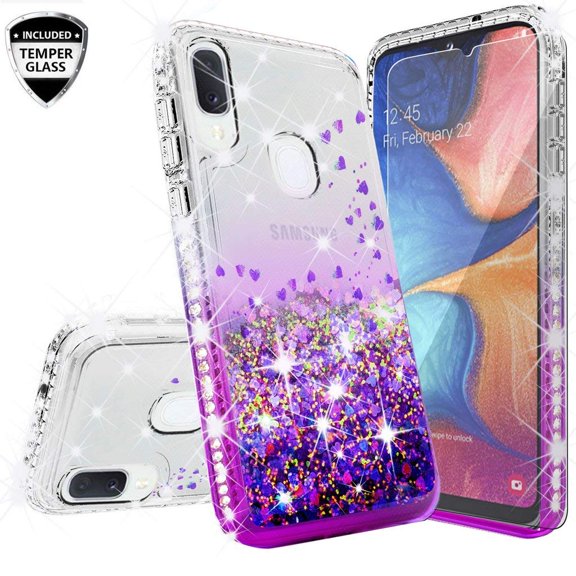 Galaxy Note 10 Plus Case Cover w/ Screen Protector Liquid Glitter Shock Proof Bling Waterfall Diamond Bumper for Girls Women Case - Clear/Purple