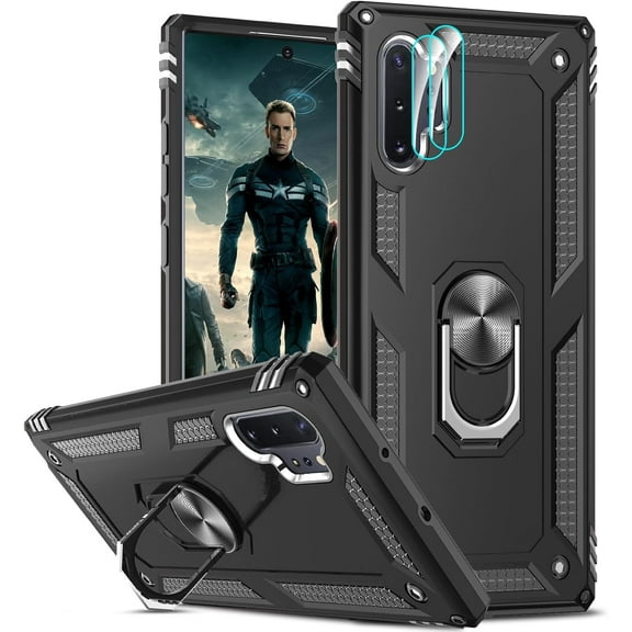 for Galaxy Note-10-Plus Case: Samsung Note 10 Plus Case with [2 Pack] Camera Lens Protector, Military-Grade Shockproof Protective Case Cover with Metal Kickstand for Samsung Note 10 Plus, Black