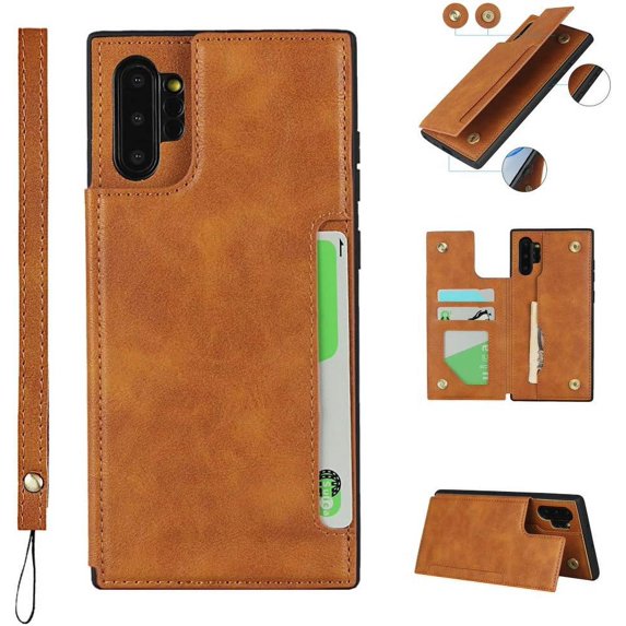 Galaxy Note 10 Plus Luxury PU Leather Case,Credit Card Holder,Cash Slots,Stand Function Soft TPU Back Wallet Case Flip Wrist Strap Multi-Function Case for Samsung Galaxy Note 10+ 6.8",Khaki
