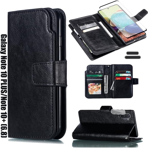 for Galaxy Note 10 Plus/Note10+ 6.8 Inch Wallet Case [3+ Card Slots] ID Business Card Credit Card Slot Carry Pouch with Stand Double Sided Multi-Card Slot Folding PU Wallet Leather Case (Black)