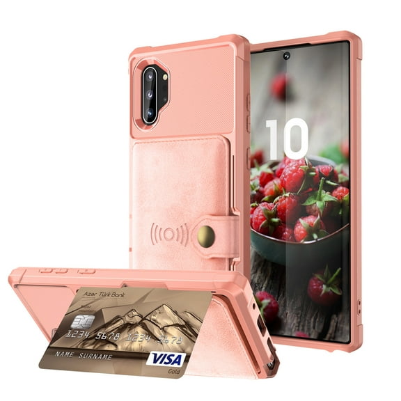 Galaxy Note 10 Plus Wallet Case, Shockproof Rubber Card Holder Wallet PU Leather Back Phone Case Kickstand Protective Scratch Hybrid Bumper Shell for Samsung Galaxy Note 10 Plus 6.8 inch, Rosegold