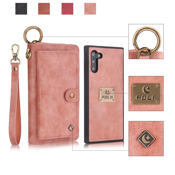 Galaxy Note 10 Wallet Case, Alleytech Girls Women Magnets Detachable Zipper Wallet Case Cover PU Leather Folio Flip Holster Carrying Case Card Holder for Samsung Galaxy Note 10 2019, Pink