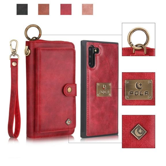 Galaxy Note 10 Wallet Case, Alleytech Girls Women Magnets Detachable Zipper Wallet Case Cover PU Leather Folio Flip Holster Carrying Case Card Holder for Samsung Galaxy Note 10 2019, Red