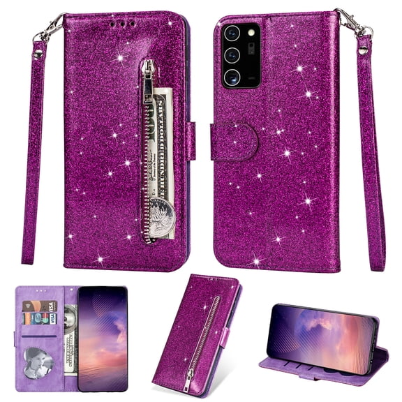 Galaxy Note 20 Case 2020, Allytech PU Leather Bling Glitter Design Flip Cover with Hand Strap Zipper Pocket Cards Slots Scratch Resistant Wallet Case Cover for Samsung Galaxy Note 20, Purple