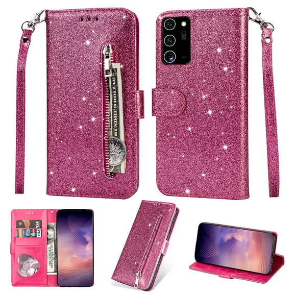 Galaxy Note 20 Case 2020, Allytech PU Leather Bling Glitter Design Flip Cover with Hand Strap Zipper Pocket Cards Slots Scratch Resistant Wallet Case Cover for Samsung Galaxy Note 20, Rose
