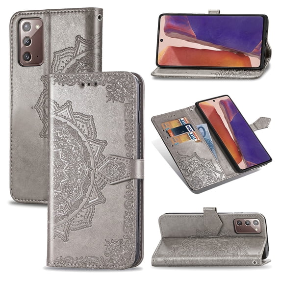 Galaxy Note 20 Case, Alltyech PU Leather Mandala Embossed Folding Stand Anti-scratch Folio Flip Credit Cards Slots Wallet Case Cover For Samsung Galaxy Note 20, Gray