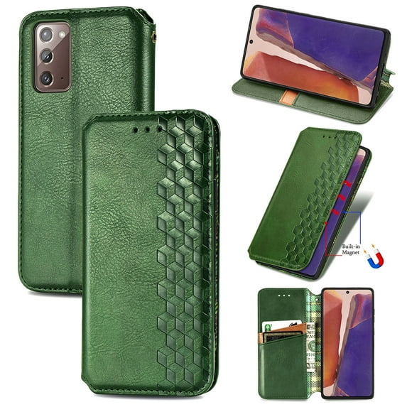 Galaxy Note 20 Case Cover, Allytech PU Leather Slim Fit Credit Cards Holder Anti-scratch Book Style Shock Protection Wireless Charging Support Wallet Case Cover for Samsung Galaxy Note 20,Green