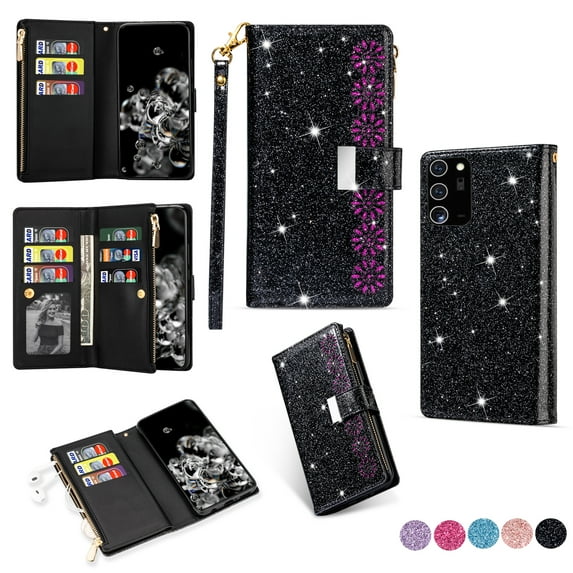 Galaxy Note 20 Case for Girls Women, Allytech Glitter Bling Kickstand Magnetic Clasp Credit Cards Slots Zipper Pocket Flip Cover Wallet Case for Samsung Galaxy Note 20, Black