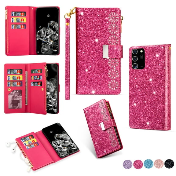 Galaxy Note 20 Case for Girls Women, Allytech Glitter Bling Kickstand Magnetic Clasp Credit Cards Slots Zipper Pocket Flip Cover Wallet Case for Samsung Galaxy Note 20, Rose