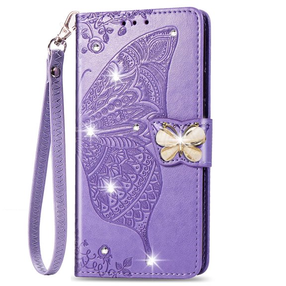 Galaxy Note 20 Case with Shiny Rhinestone, Shockproof PU Leather Retro 3D Butterfly Embossed Wallet Flip Case Magnetic Stand with Card Slot Folio Cover for Samsung Galaxy Note 20,Lightpurple