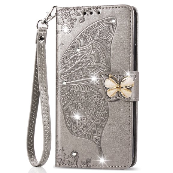 Galaxy Note 20 Case with Shiny Rhinestone, Shockproof PU Leather Retro 3D Butterfly Embossed Wallet Flip Case Magnetic Stand with Card Slot Folio Cover for Samsung Galaxy Note 20,Gray