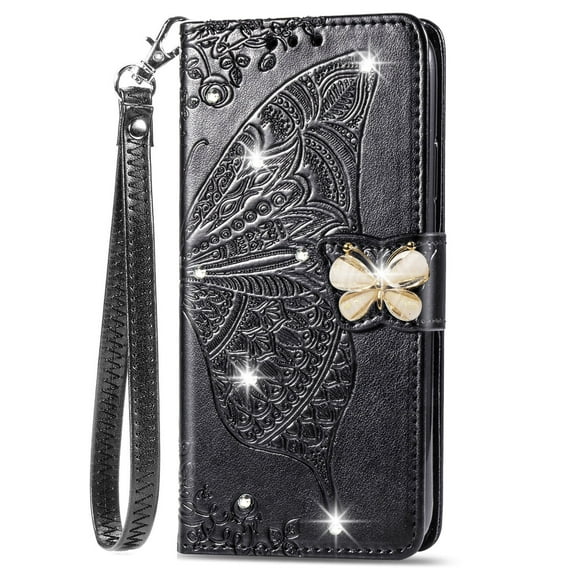 Galaxy Note 20 Case with Shiny Rhinestone, Shockproof PU Leather Retro 3D Butterfly Embossed Wallet Flip Case Magnetic Stand with Card Slot Folio Cover for Samsung Galaxy Note 20,Black