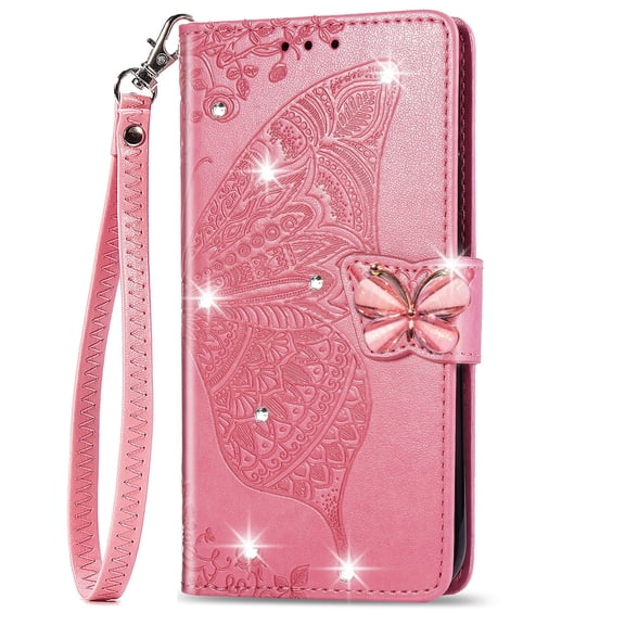 Galaxy Note 20 Case with Shiny Rhinestone, Shockproof PU Leather Retro 3D Butterfly Embossed Wallet Flip Case Magnetic Stand with Card Slot Folio Cover for Samsung Galaxy Note 20,Pink