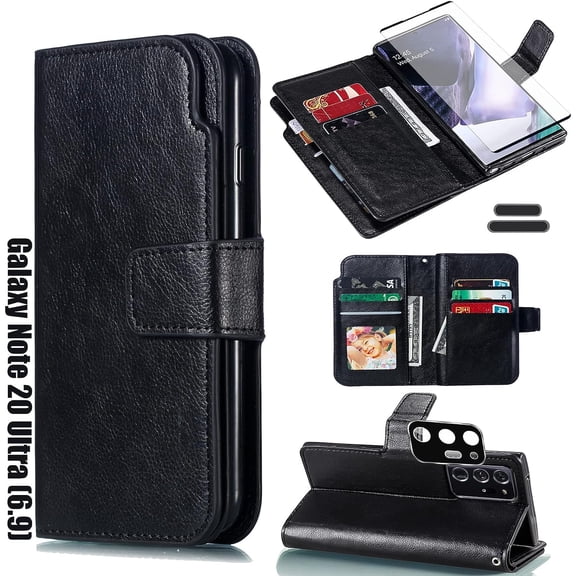 for Galaxy Note 20 Ultra 6.9 Inch Wallet Case [3+ Card Slots] ID Business Card Credit Card Slot Carry Pouch with Stand Double Sided Multi-Card Slot Flip Folding PU Wallet Leather Case (Black)