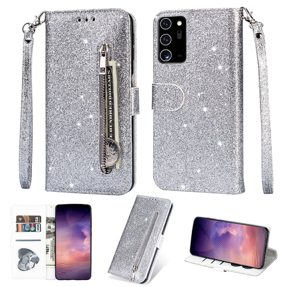 Galaxy Note 20 Ultra Case, Allytech Bling Glitter PU Leather TPU Inner Flip Cover Stand Magnetic Wrist Strap Zipper Pocket Cards Slots Shockproof Wallet Case for Samsung Galaxy Note 20 Ultra,Silver