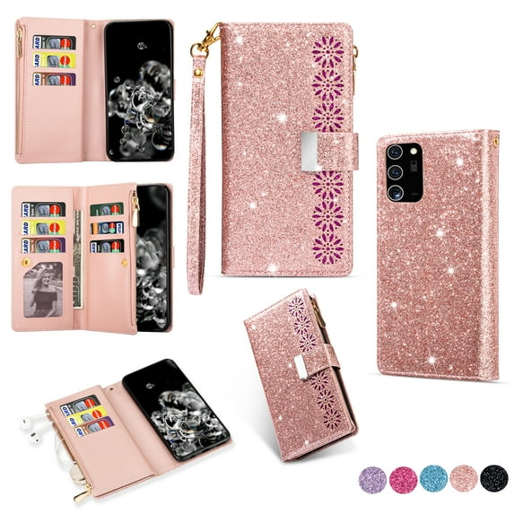 Galaxy Note 20 Ultra Case for Girls Women, Allytech Glitter Bling Kickstand Magnetic Clasp Credit Cards Slots Zipper Pocket Flip Cover Wallet Case for Samsung Galaxy Note 20 Ultra, Rosegold