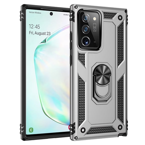 Galaxy Note 20 Ultra Case with Ring Holder Kickstand, Allytech Silicone Hard PC Shock Absorption Ring Holder Kickstand Anti-scratch Bumper Case Cover for Samsung Galaxy Note 20 Ultra, Silver