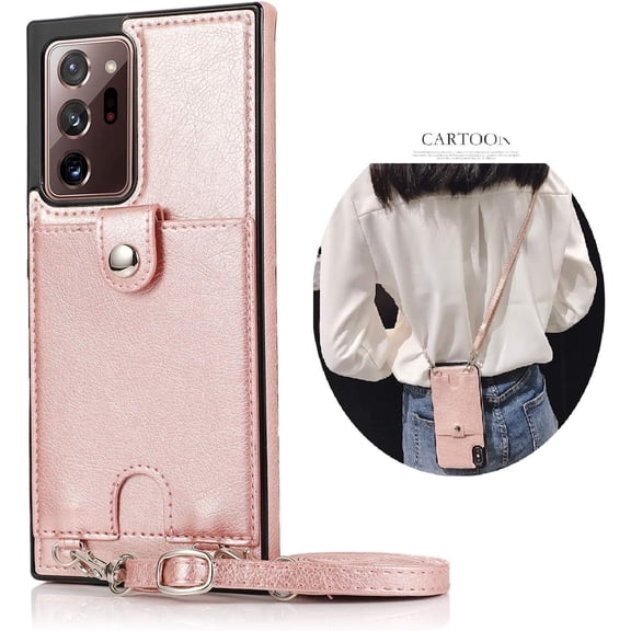 Galaxy Note 20 Ultra PU Leather Wallet Case,Necklace Crossbody Lanyard Case Cover with Card Holder Adjustable Detachable Anti-Lost Neck Strap Case for Samsung Galaxy Note 20 Ultra,6.9",Pink